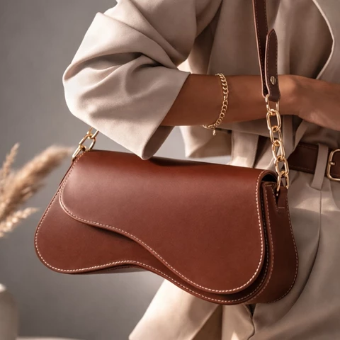 Bolsa Feminina Média Espaçosa Detalhes Dourado Baguete Moderna
