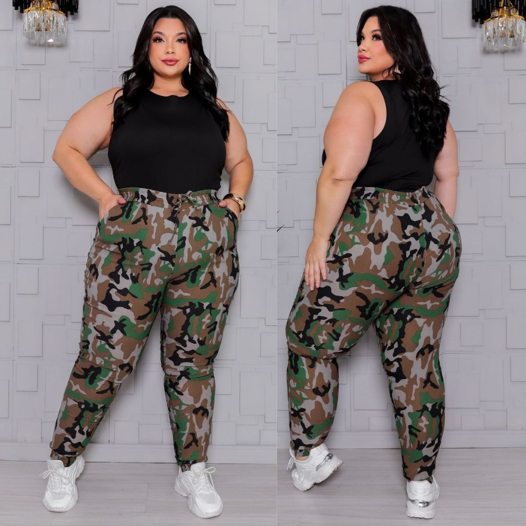 Calça Feminina Plus Size Jogger Exercito Camuflado M ao G4 (40 ao 54) Tecido Bengaline Linha Premium Moda Plus Size em Oferta na Shopee