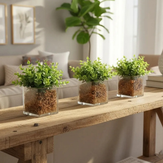 Kit 3 vasinhos de vidro incolor com planta artificial permanente decoração em Oferta na Shopee