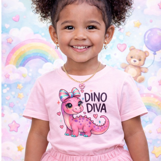 Camiseta Feminina Infantil Estampada Dinossauro Fofo Rosa Dino Diva em DTF |camisa 100% Algodão|
