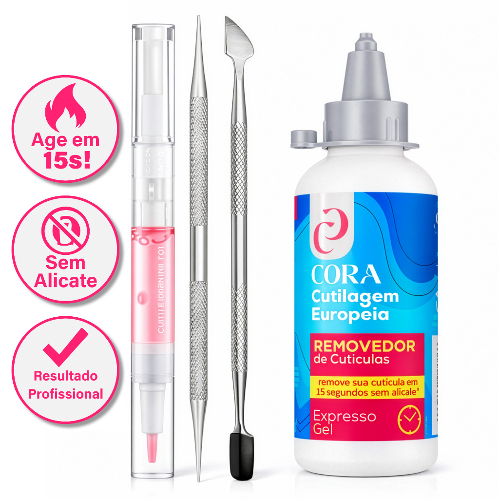 Kit Removedor De Cutículas Gel 15 Segundos Cora Espátula Palito Aço Inox Caneta Hidratante