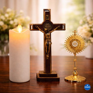 Kit Religioso Ostensório 10cm Dourado + Crucifixo 15cm + Vela LED em Oferta na Shopee