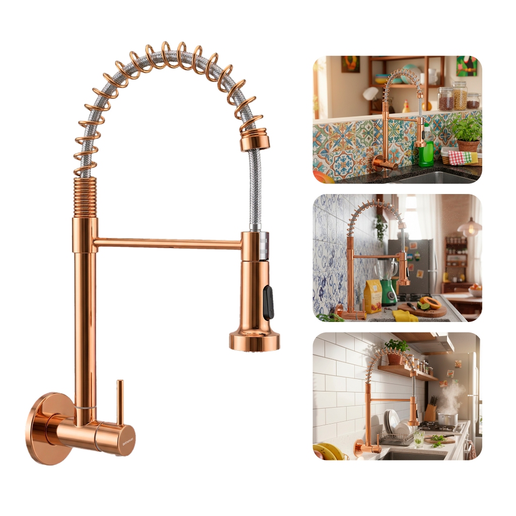 Torneira de Parede Gourmet 360º para Cozinha com Spray Flexível Água Fria Rose G