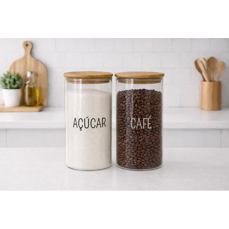 Pote hermético de vidro para mantimentos com tampa em bambu | Café | Açúcar