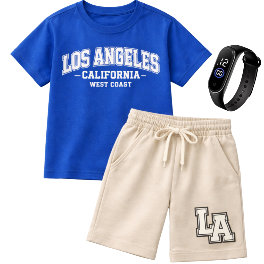 Kit Infantil Los Angeles Camiseta + Bermuda Estiloso Mais Relogio em Oferta na Shopee