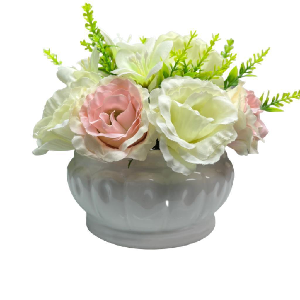 Vaso pequeno romântico branco de cerâmica centro de mesa arranjo floral rosas artificial