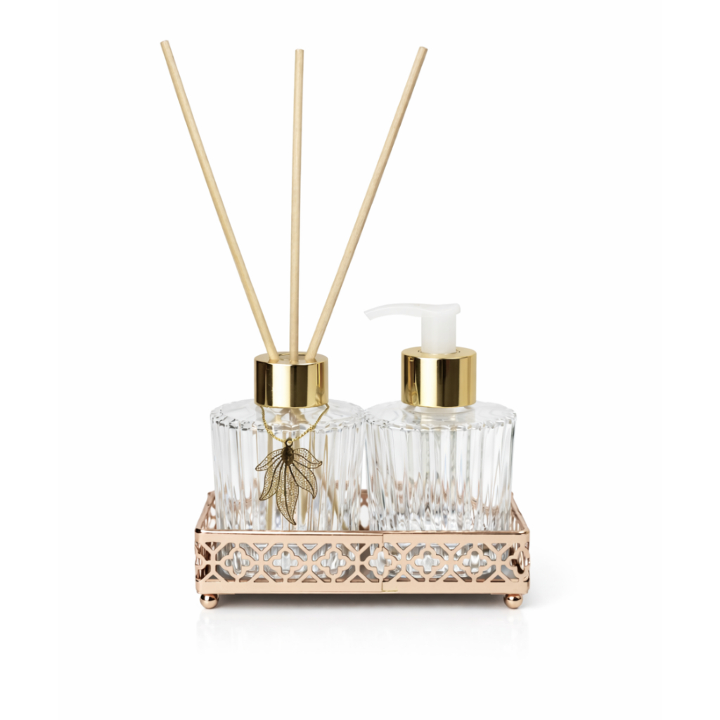 Kit Lavabo Completo Luxo Banheiro Vidro Difusor + Saboneteira 120ml com Bandeja Metal em Oferta na Shopee