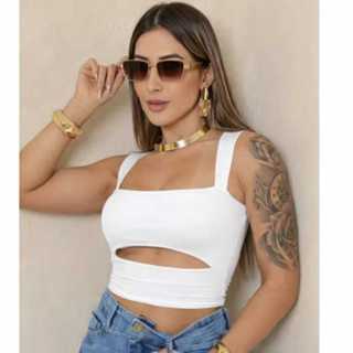 Blusa Cropped Feminino Suplex Decote Quadrado Liso Alça Grossa blusa Moda Blogueira Tendencia em Oferta na Shopee