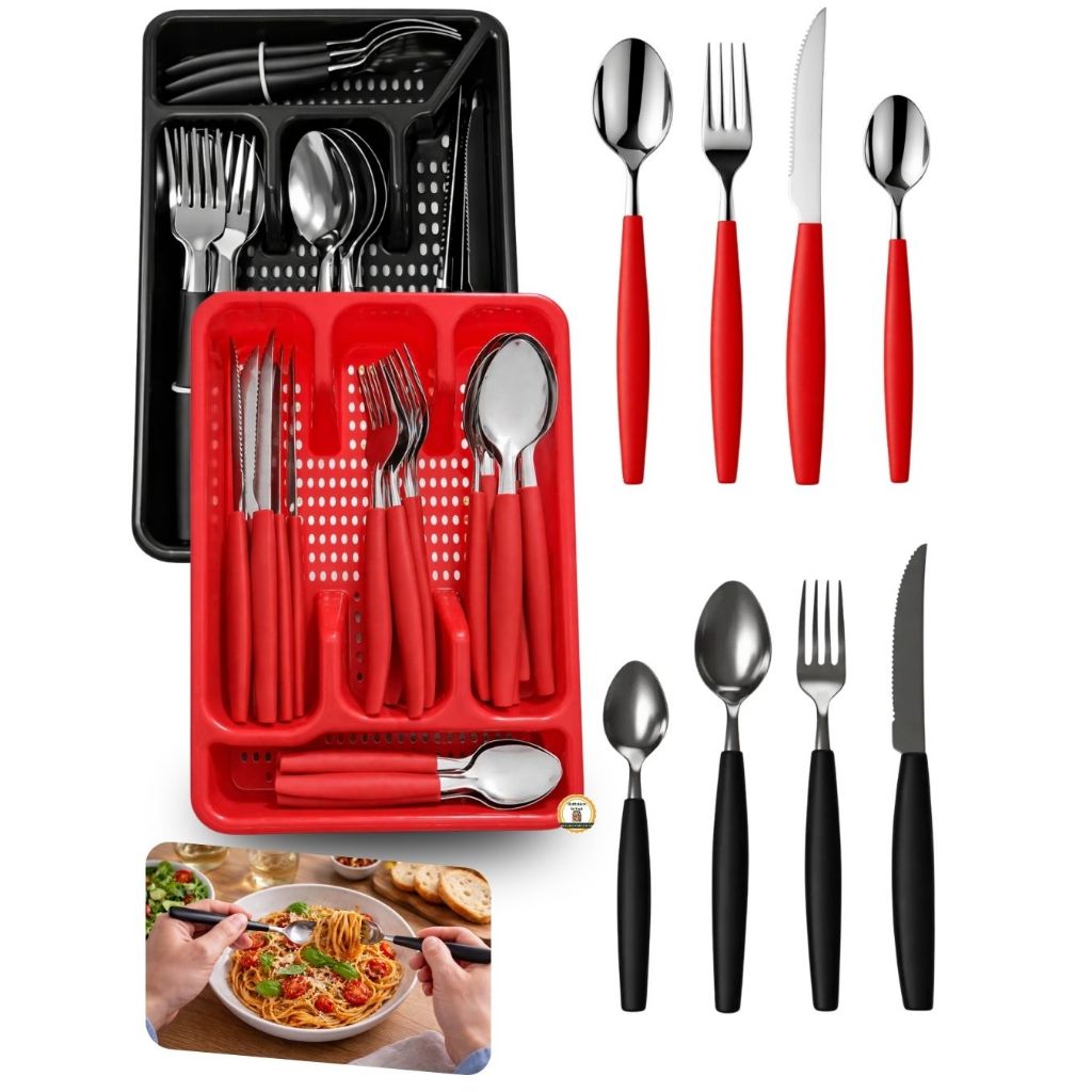 Jogo Talheres Faqueiro 17pçs C/ Suporte Porta-talheres Premium Inox Preto/Vermelho