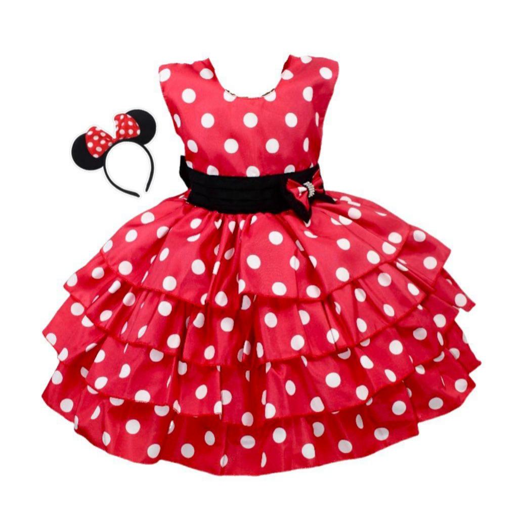 Vestido Infantil Festa Minnie Vermelha Poa Super Luxo com Tiara em Oferta na Shopee
