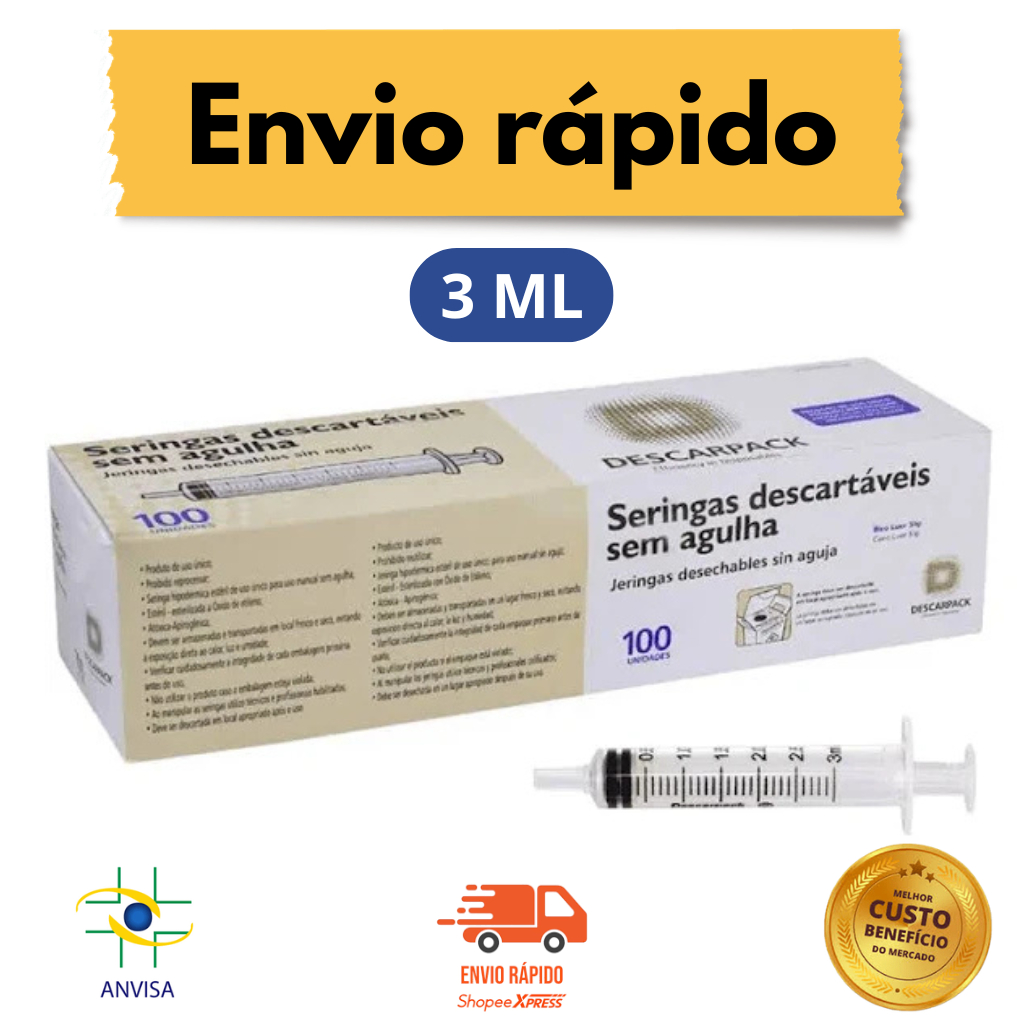Seringa 3ml Descarpack Luer Slip Estéril Descartável S/ Agulha - Hospitalar Laboratorial e Doméstico em Oferta na Shopee