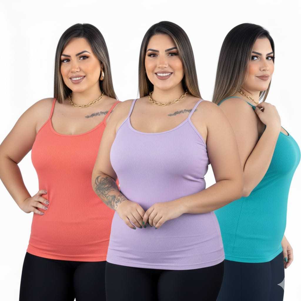 Kit 3 Regatas feminina para o dia a dia Plus Size do 46 ao 54 blusinha alcinha fina