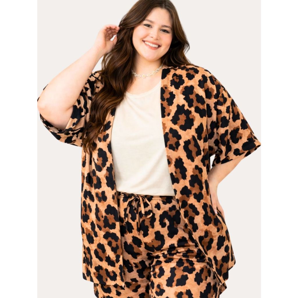Conjunto Feminino Oncinha Kimono + Short Animal Print Casual Verão Cós com Elástico Amplo Elegante Cintura Alta