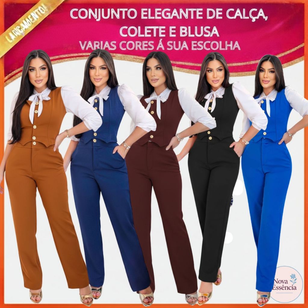 CONJUNTO FEMININO DE CALÇA, COLETE E BLUSA MANGA LONGA; MODA EVANGÉLICA, SOCIAL; CONGRESSO; CULTO; em Oferta na Shopee