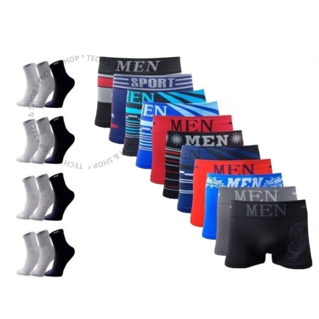 Kit 10 Cuecas Boxer Microfibra Adulto + 12 Pares Meias Algodão
