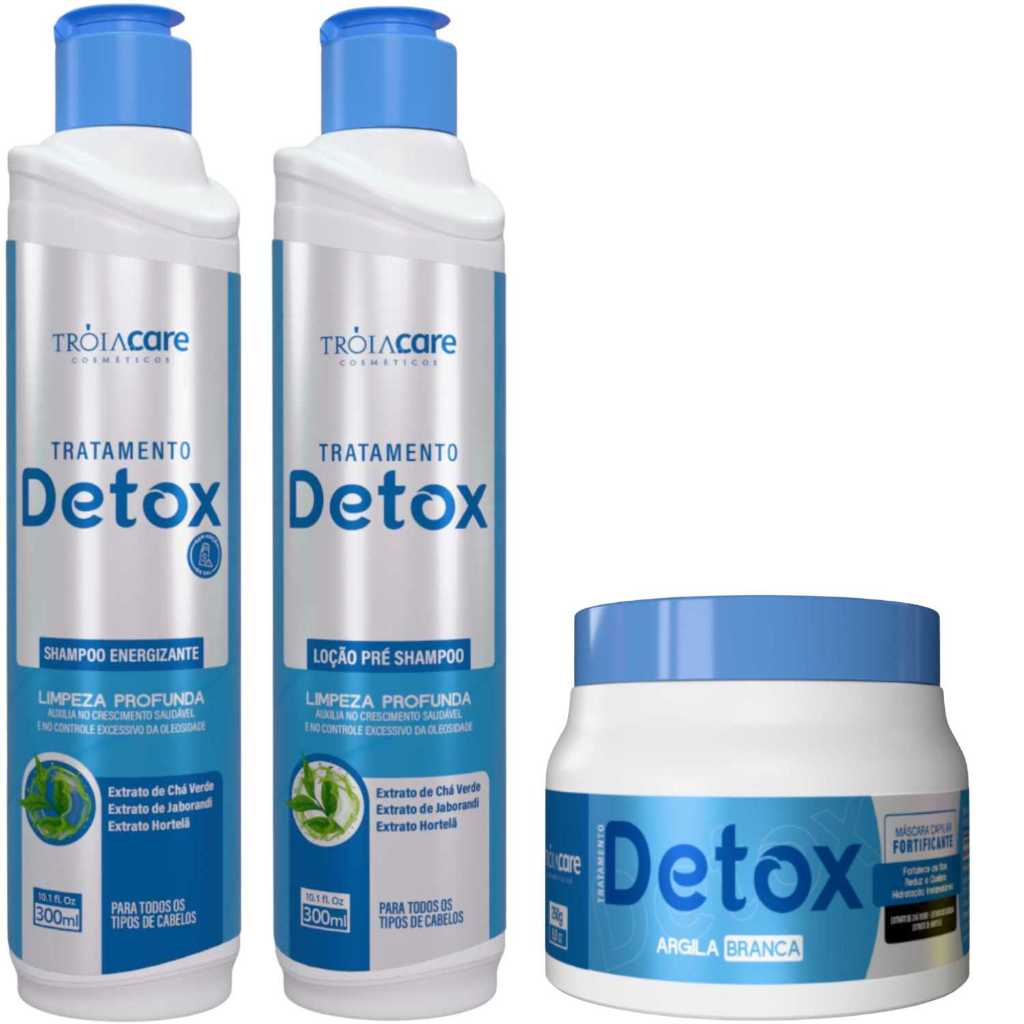 KIT Detox Capilar Tróia Hair 300ml — Shampoo + Loção + Máscara Argila Branca | Limpeza Profunda, Controle da Oleosidade