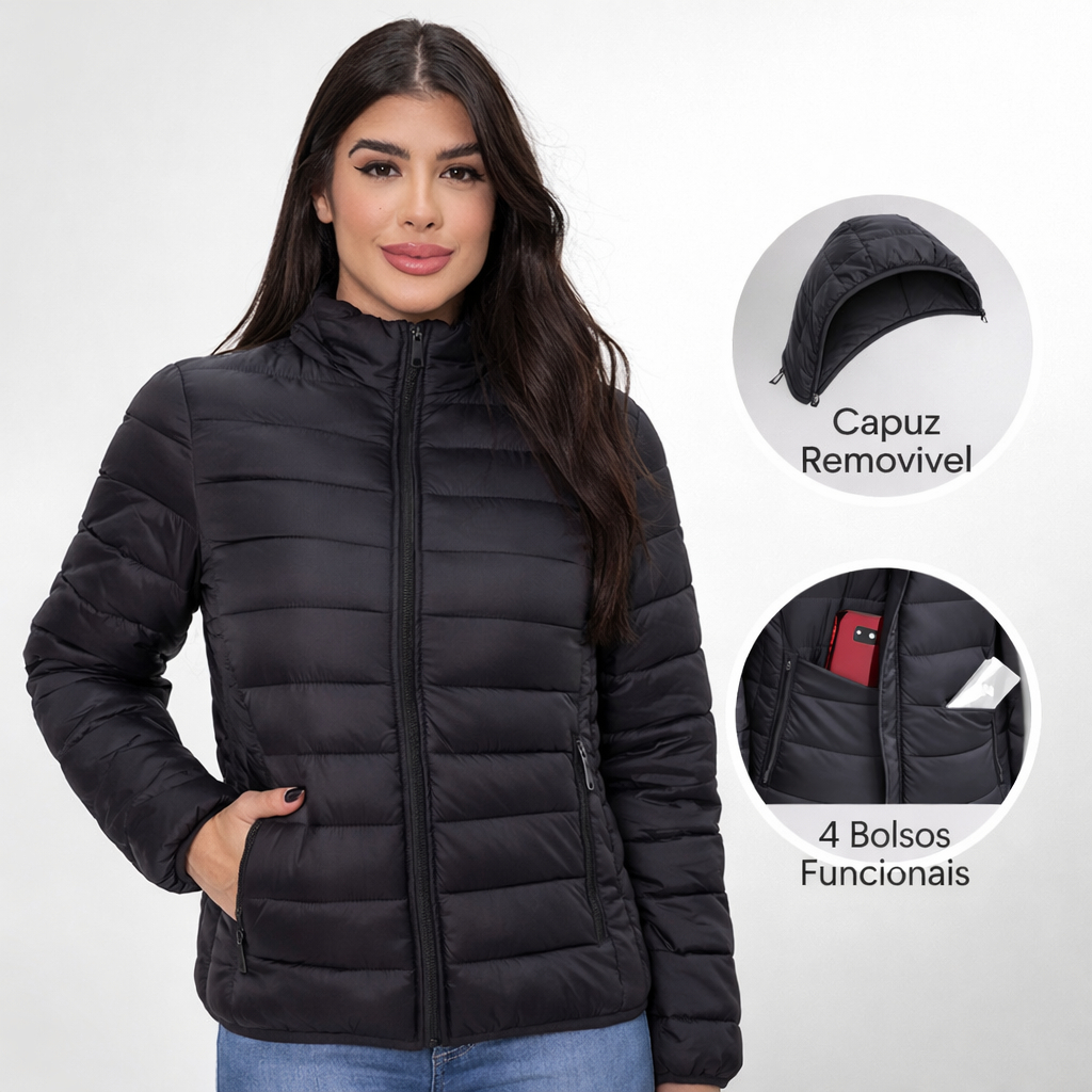 Jaqueta Casaco Bobojaco Puffer Capuz Removível Bolsos Internos Feminina