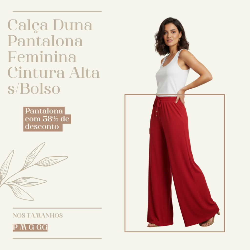 Calça Duna Pantalona Feminina Cintura Alta s/Bolso