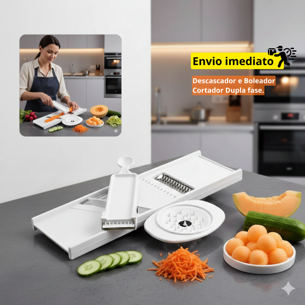 Ralador Fatiador de Legumes 4 em 1 Dupla Face Mandoline Cortador Descascador Boleador Em Aço Inox em Oferta na Shopee