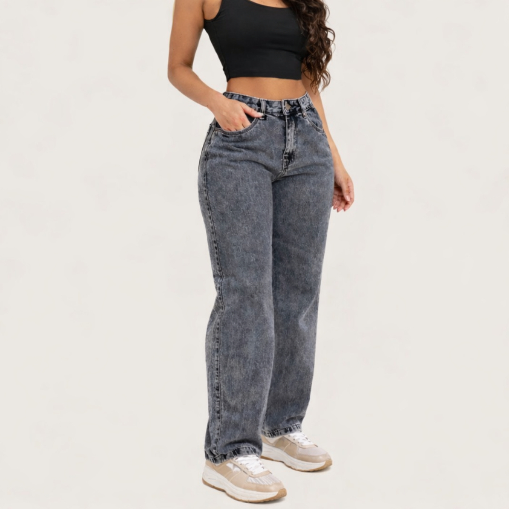 Calça Jeans Feminina Wide Leg Reta Pantalona Cintura Alta Perna Larga Cinza Grafite