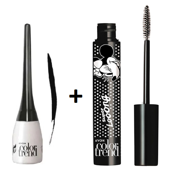 Delineador Líquido Preto + Máscara de Cílios Minnie Super Looong Color Trend Preto Avon Disney Rímel Maquiagem