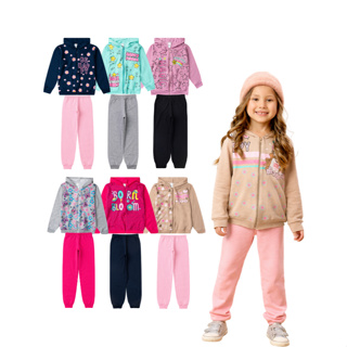 Kit 6 Peças Moletom Feminino 3 Casacos c/ Estampas Zíper e Capuz + 3 Calças Lisas Infantil Menina em Oferta na Shopee