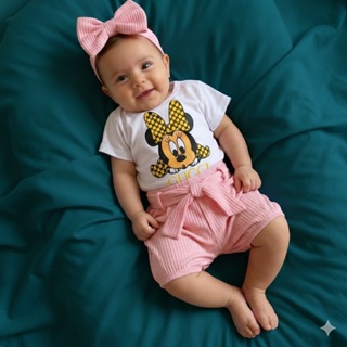 Kit roupinhas de Bebê Menina blusa short e tiara Personagem Minnie - Body, Short e Tiara Laço luxo lançamento promoção em Oferta na Shopee