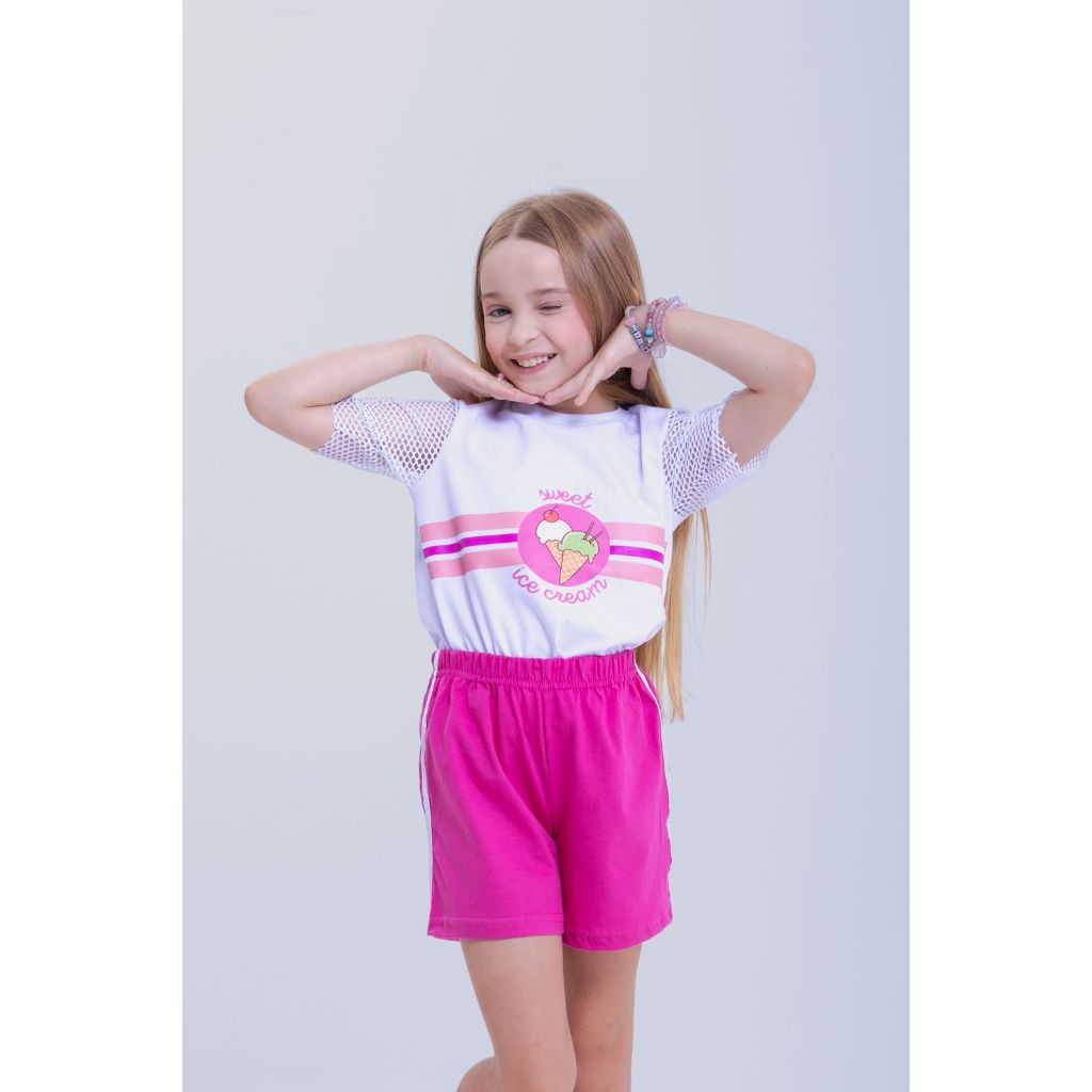 Conjunto Infantil, Blusa e Short em malha 100% algodão, com estampa em Silk, do 4 ao 8 anos, roupa de menina.