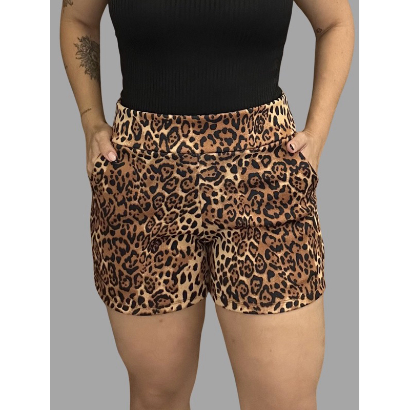 SHORTS FEMININO COM BOLSO DE MALHA NO CREPE ESTAMPADO CURTO COM ELASTANO CONFORTÁVEL CINTURA ALTA BERMUDA KIT DUAS PEÇAS