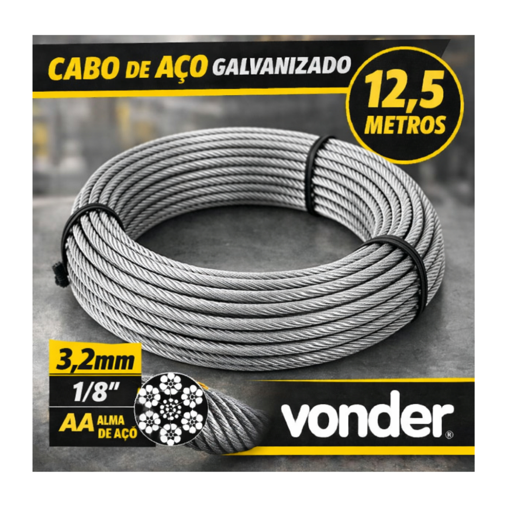 Cabo De Aço Galvanizado Alma de Aço 1/8"X3mm 12,5 Mts Guincho e Talhas Elétrica 100/200kg 150/300kg