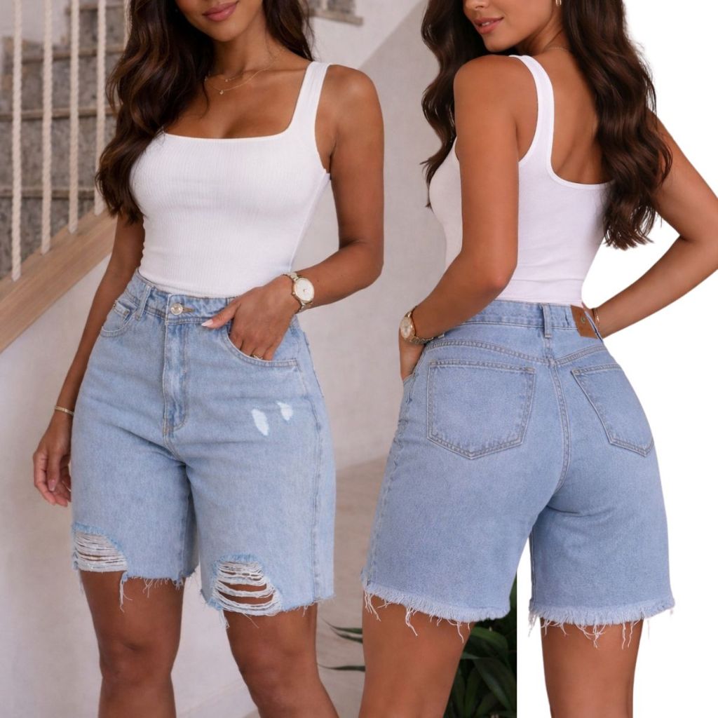 Bermuda feminina Jorts 100% Algodão Cintura Alta Meia coxa Ciclista Jeans Premium Marmorizada Short Tendência Verão