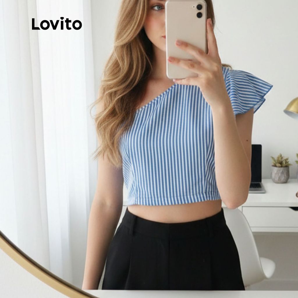 Lovito Blusa Um Ombro Só Elegante Listrada Casual Feminina LB1157BRL1187