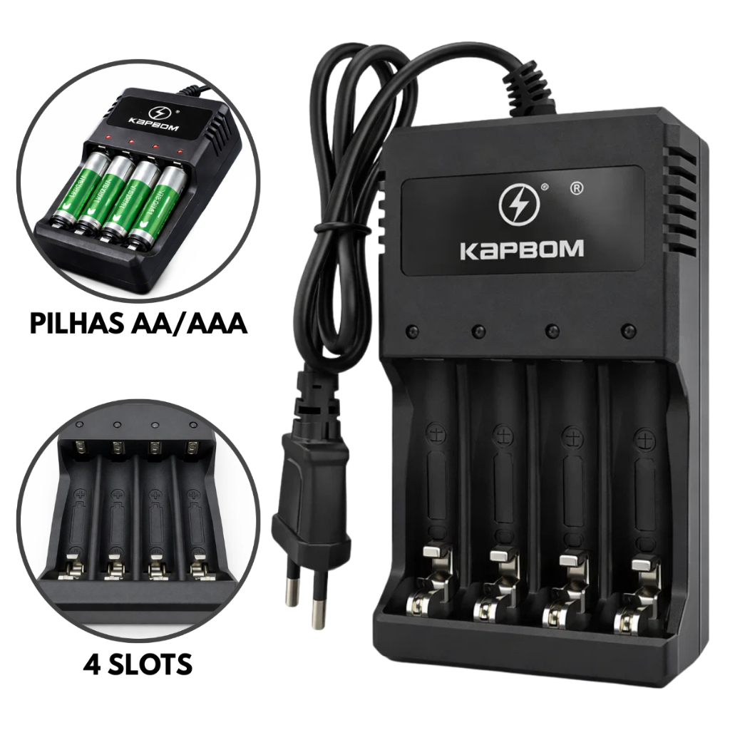 Carregador de Pilhas Bivolt Palito AAA e AA Original Kapbom em Oferta na Shopee