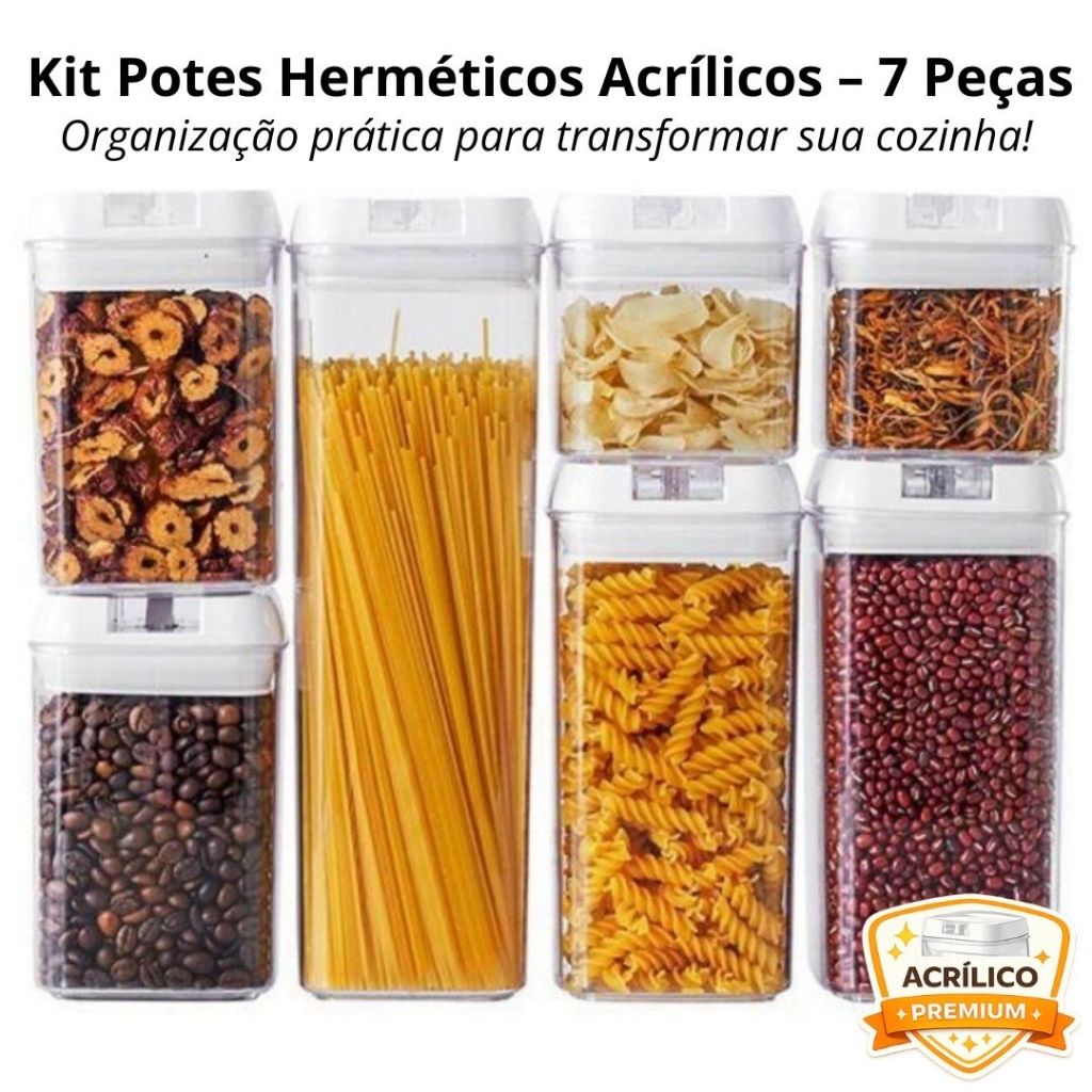 Kit 7 peças Potes Hermeticos Acrilico Organizador Alimentos Multiuso Transparente - Conservação Máxima e Organização