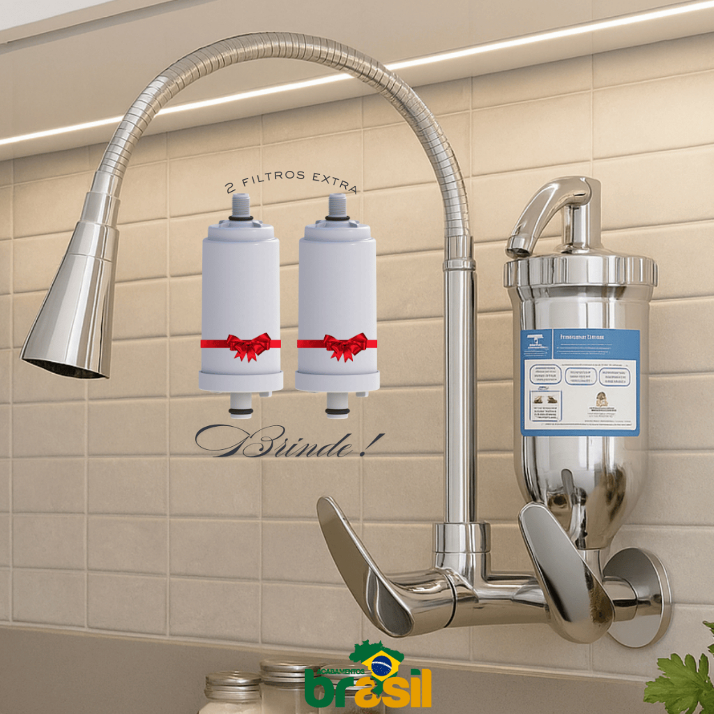 Torneira Filtro Inox Cozinha Parede Cromada 2 Jatos Flexível Gourmet 2 Velas Extras Carvão Ativado