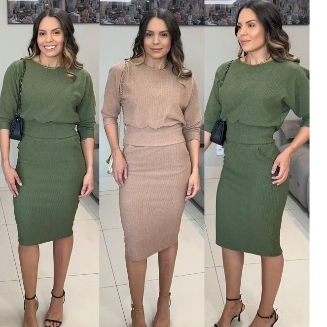 CONJUNTO FEMININO EVANGÉLICO MODESTO SAIA BLUSA MANGA MORCEGO 3/4 ELEGANTE CONFORTÁVEL CASUAL CULTO MIDI