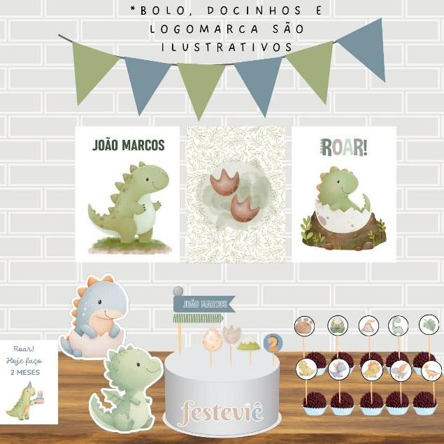 Kit festa em casa aniversário personalizado dinossauro baby mesversário só um bolinho