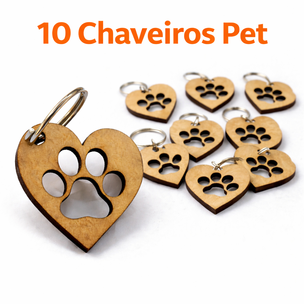 Kit 10 Chaveiros Patinha Pet Cachorro e Gato MDF 3mm Lembrancinha Festa Pet Shop Atacado PromoçãoTop