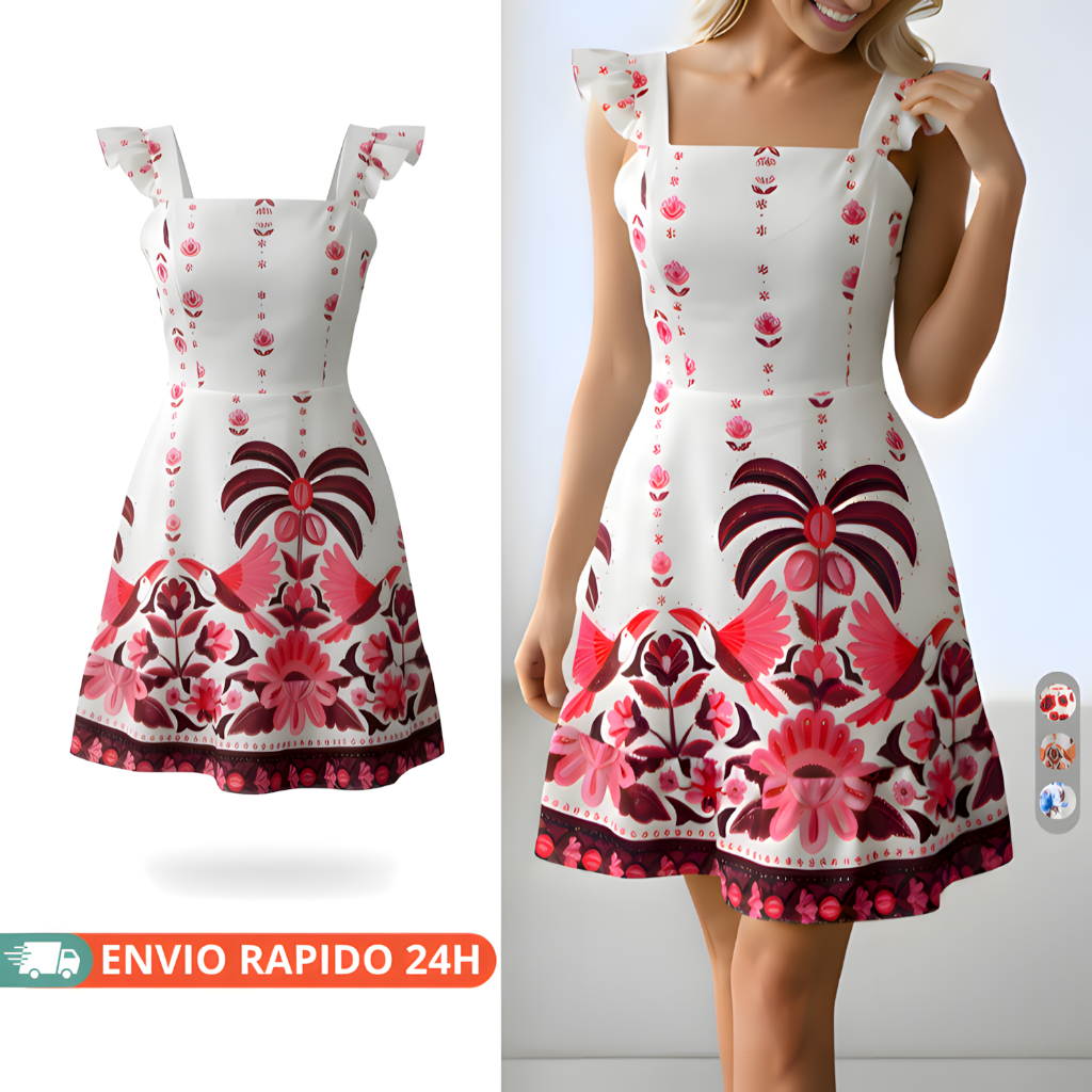 Vestido Curto Rodado Feminino Estampado com Costas Abertas e Laço Decote Quadrado Soltinho tendência em Oferta na Shopee