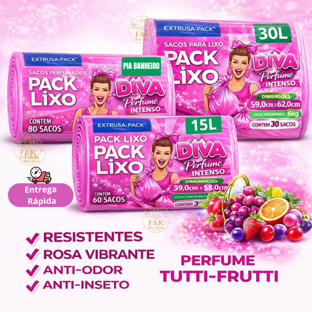 Saco de Lixo Perfumado Rosa Diva TUTTI FRUTI Perfume Intenso Pia Banheiro/15L/30L Neutraliza Odores em Oferta na Shopee