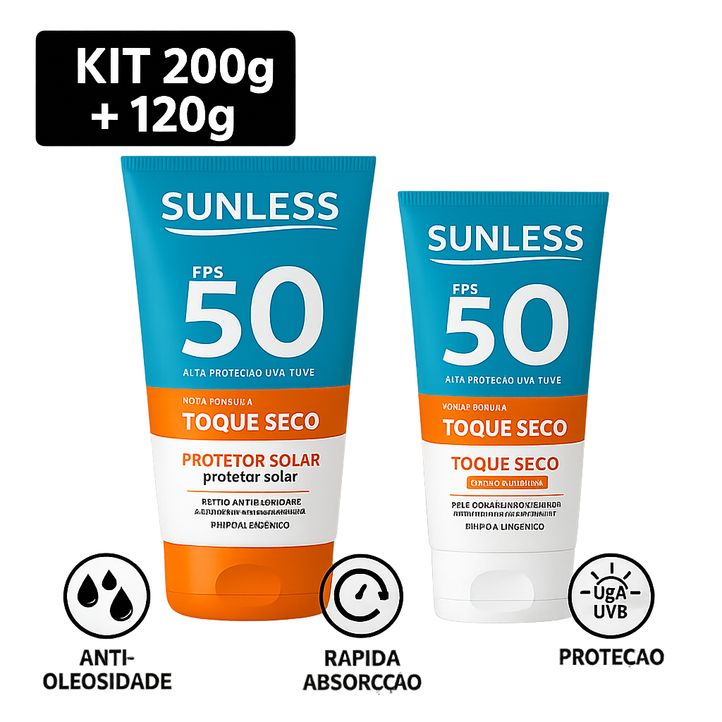 Kit Econômico Protetor Solar Sunless FPS 50 | 2un 200g+120g | Toque Seco | Anti-oleosidade | UVA|UVB