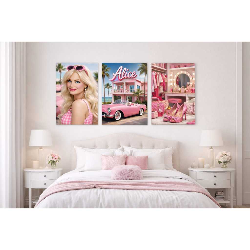 Kit 3 Quadros Decorativos Barbie Luxo Personalizado com Nome – Quarto Feminino Rosa Glamour