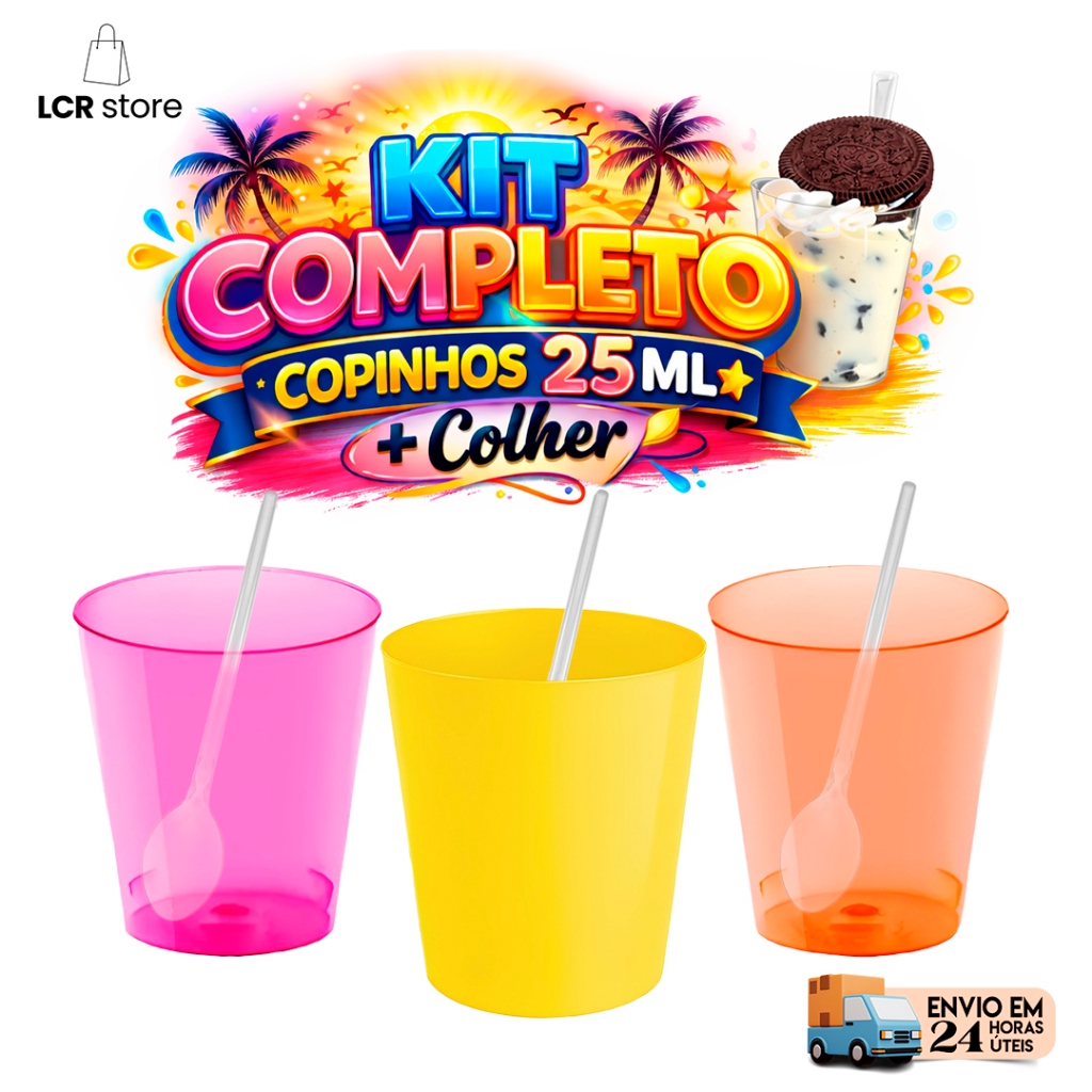 Copinhos para Sobremesas 25ml + Mini Colher para Doces Mousse Brigadeiro Festas Aniversários 3 Cores Tardezinha