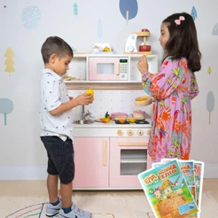 Cozinha Infantil Pia Fogão Microondas Madeira Rosa Bebê Kit Livro Educativo