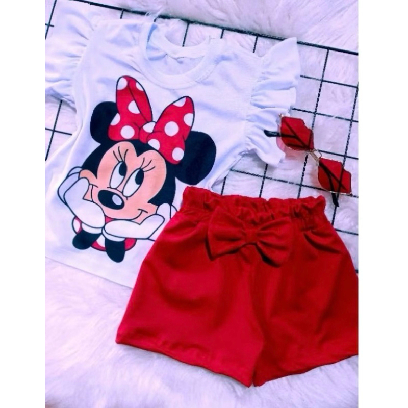 CONJUNTO MENINA MINEI SHORT DE LAÇO VERMELHO SHORT ROSA