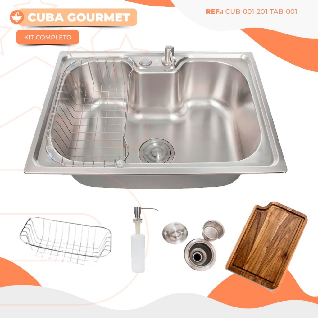 Cuba Gourmet Aço Inox 60x42cm Cozinha Com Dispenser 500ml Escorredor Tábua De Corte