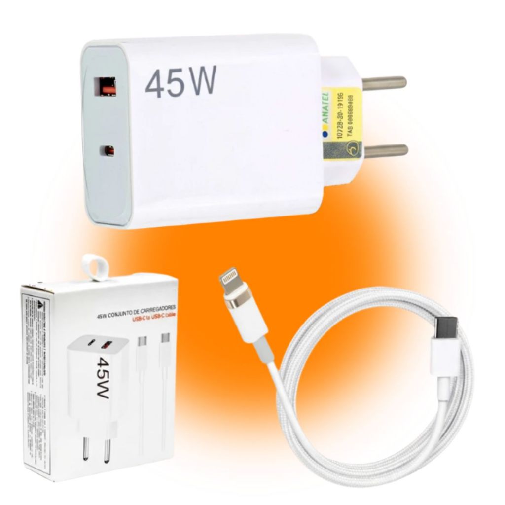 Carregador Super Rápido Turbo Para Iphone 45w Fonte Tipo C Lightning com Cabo 2 Entradas USB