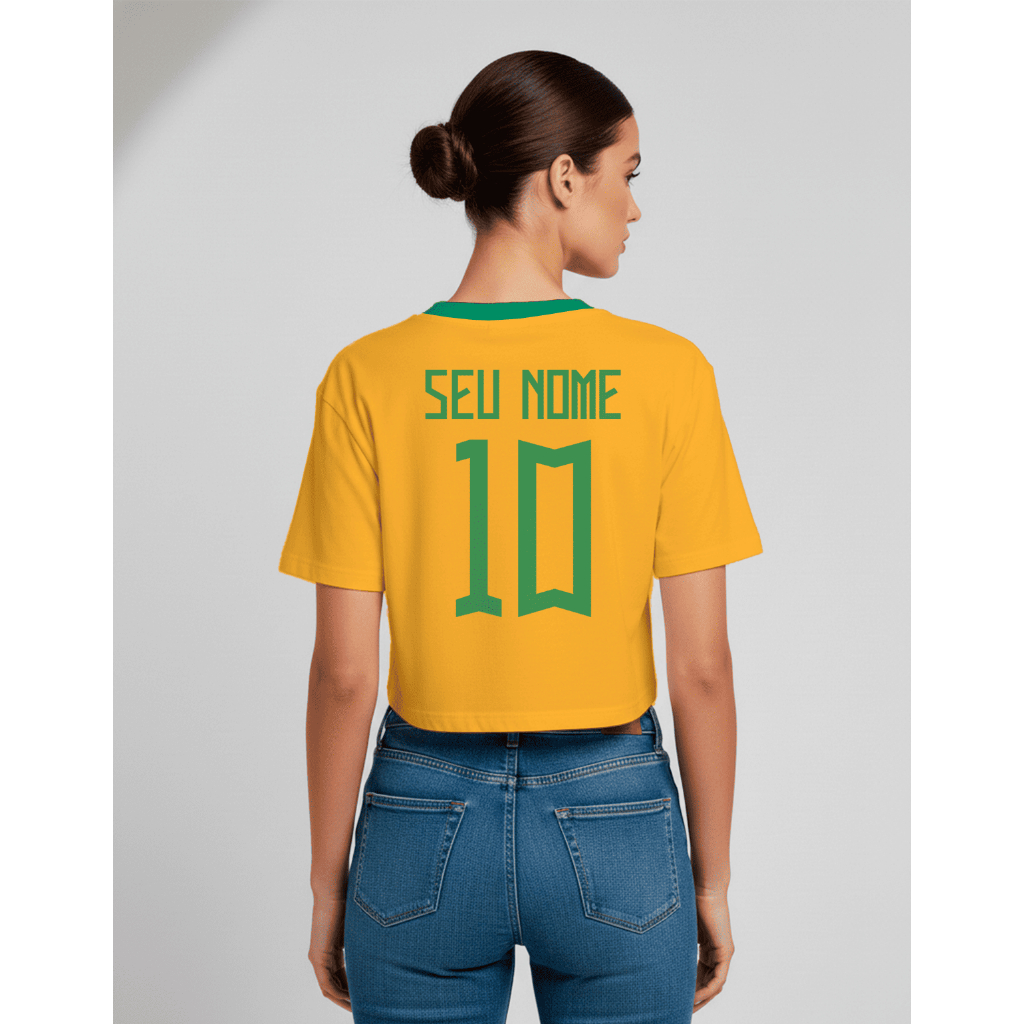 Cropped Blusinha Oversized Brasil 100% Algodão Futebol Copa blusa personalizada com seu nome atrás em Oferta na Shopee