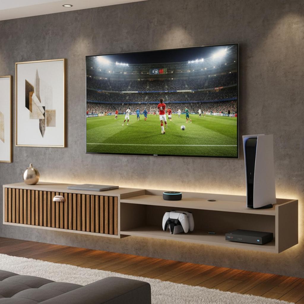 Rack Suspenso King 1;20cm / 1.80cm Decoração Sala Estar TV de 48 a 75 polegadas Copa do Mundo