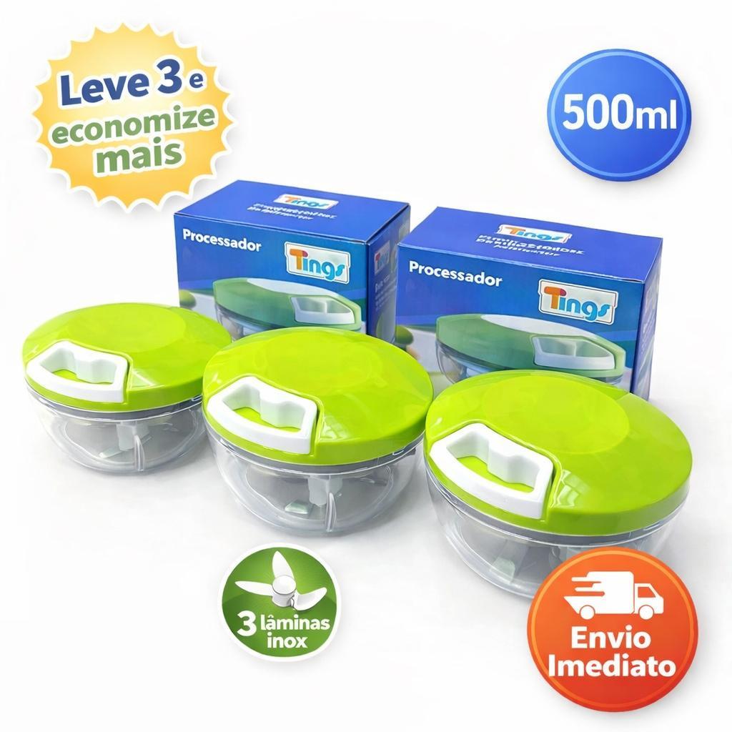 KIT 1 a 3 Processador de Alimentos - Manual - 3 Lâminas - Aço Inox - 500ml - Triturador Legumes Verduras Alimentos